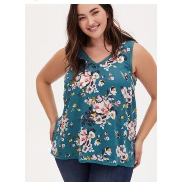 Torrid Georgette Raw Edge Tank V Neck Sleeveless Casual Green Floral Womens 4 - Picture 1 of 7